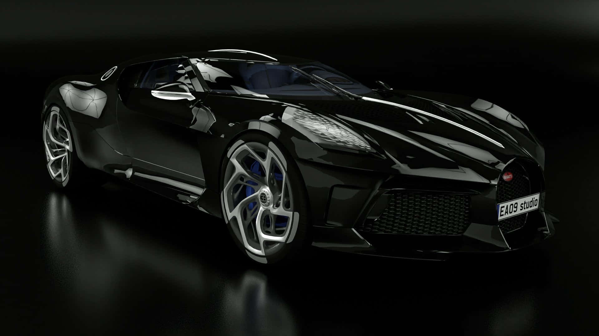 攝影棚中的黑色Bugatti跑車，帶有反光地板和戲劇性燈光。