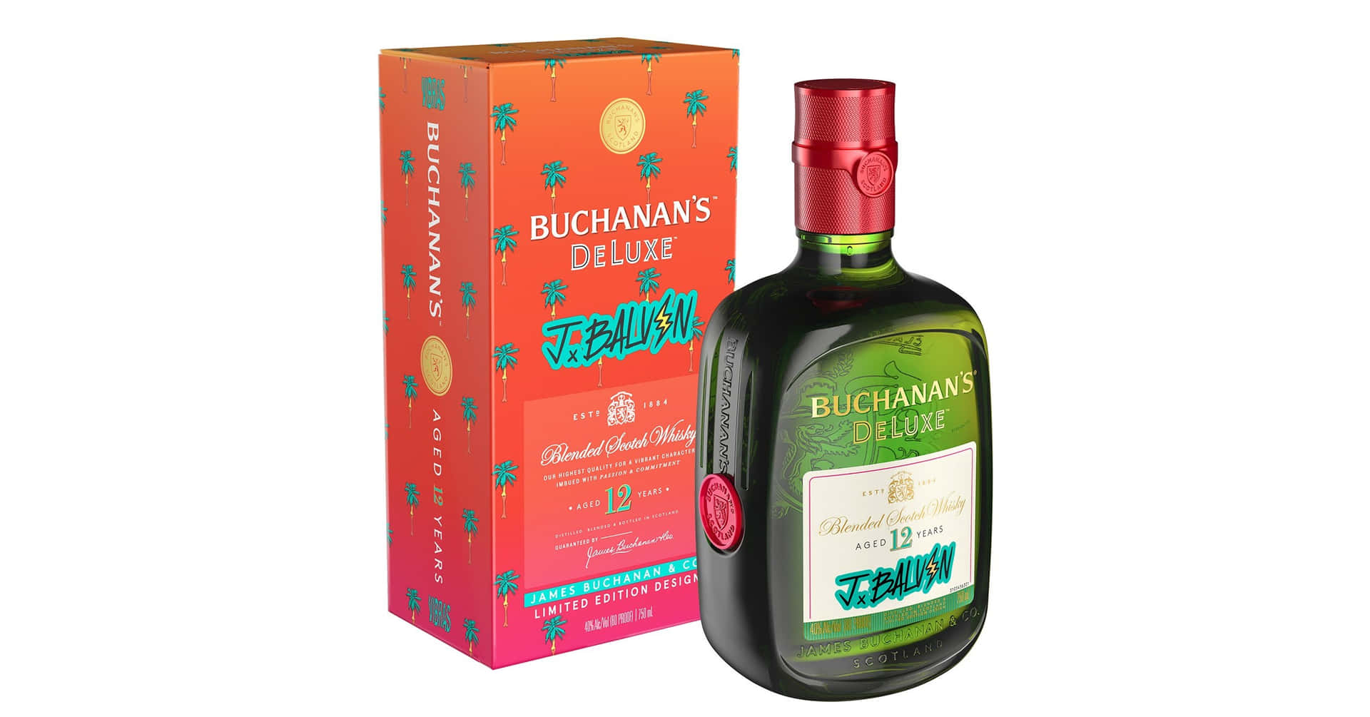Buchanan's Deluxe威士忌酒瓶和盒子，帶有棕櫚樹設計。