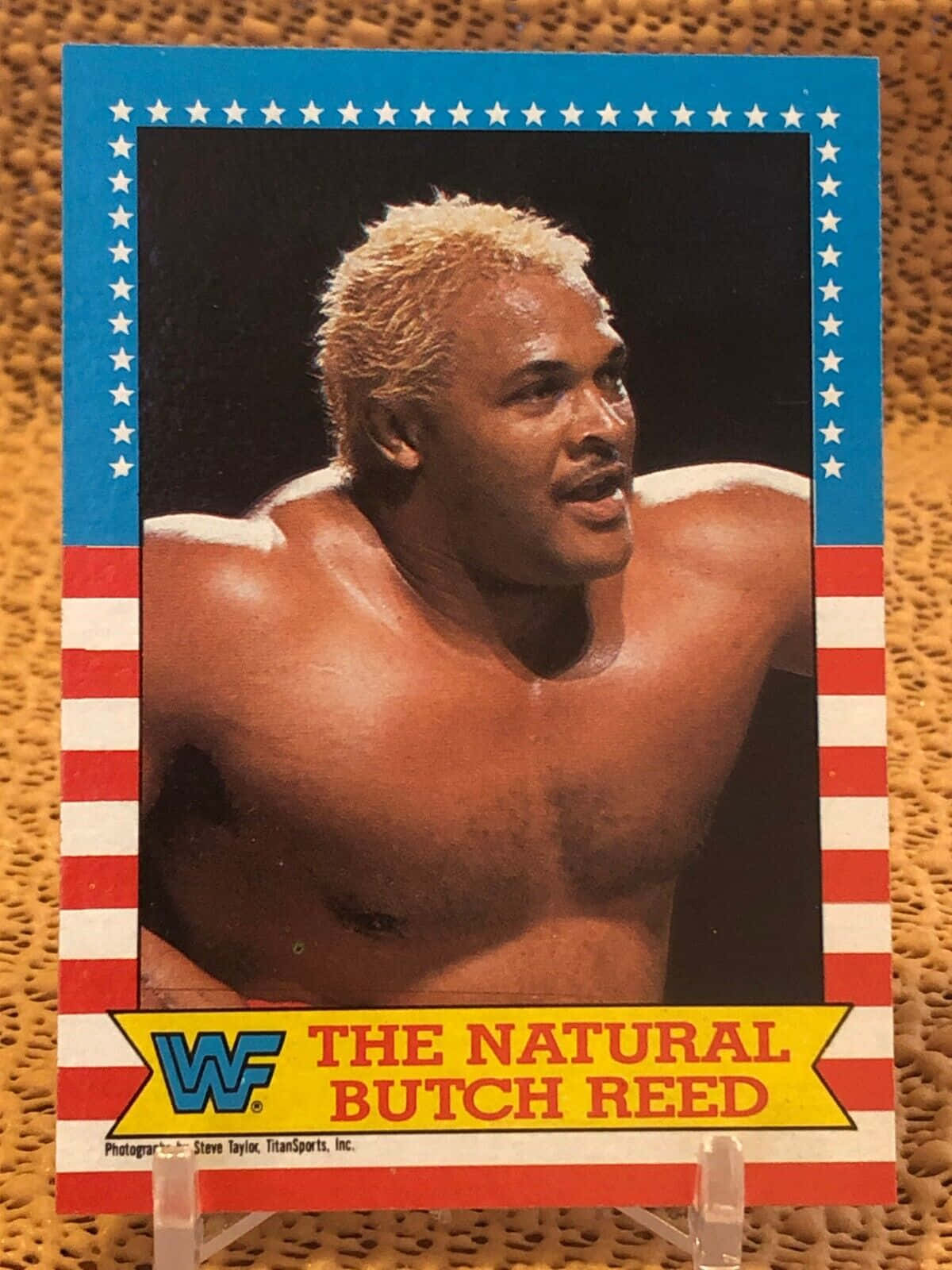 布奇·里德「The Natural」 壁紙 — 復古WWF摔角卡， featuring The Natural Butch Reed，金髮，肌肉發達，背景為星條邊框。