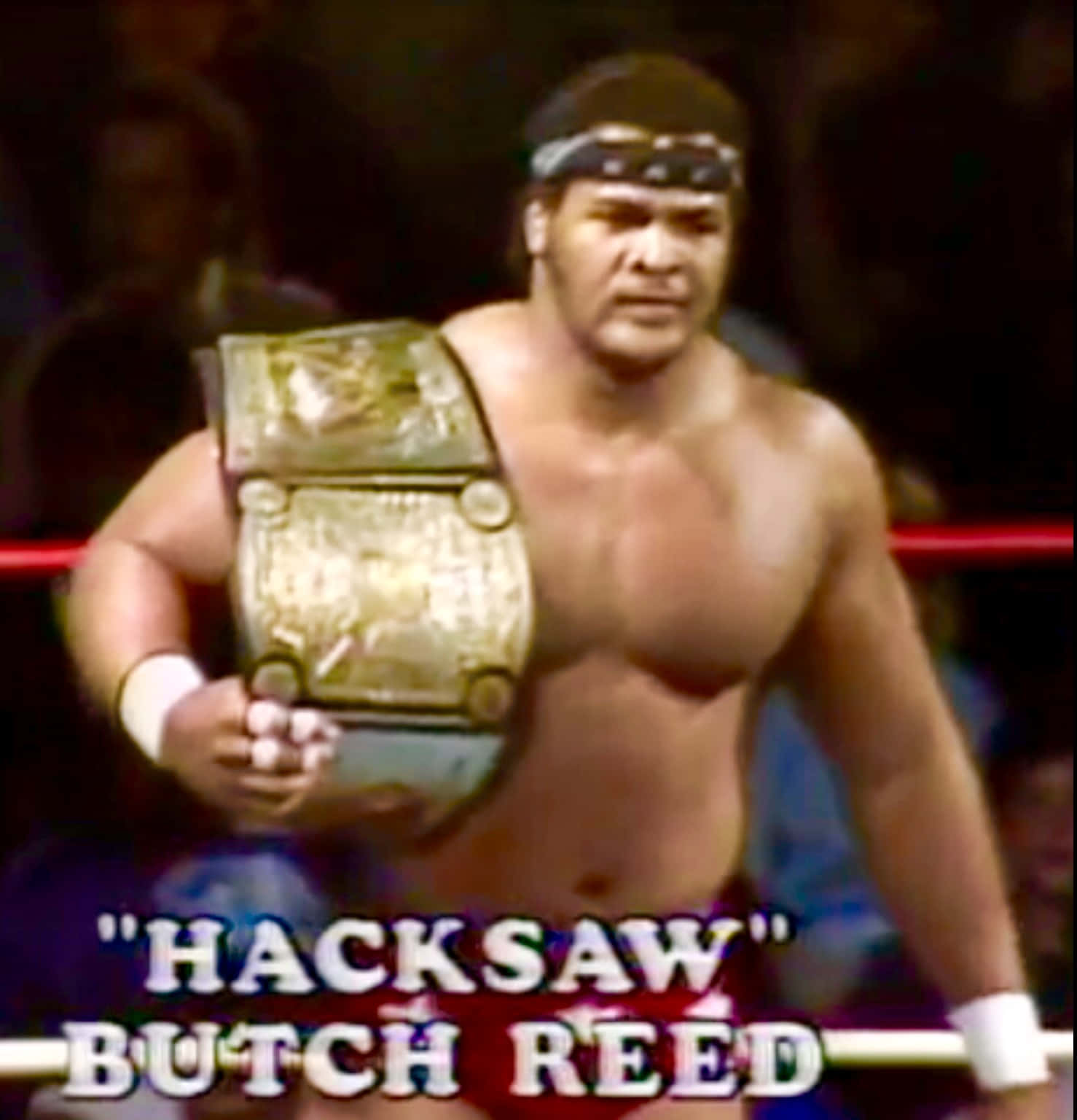 布奇·里德綽號「Hacksaw」 壁紙 — 摔角手 Hacksaw Butch Reed 站在擂台上，表情嚴肅地舉著一條金色冠軍腰帶。