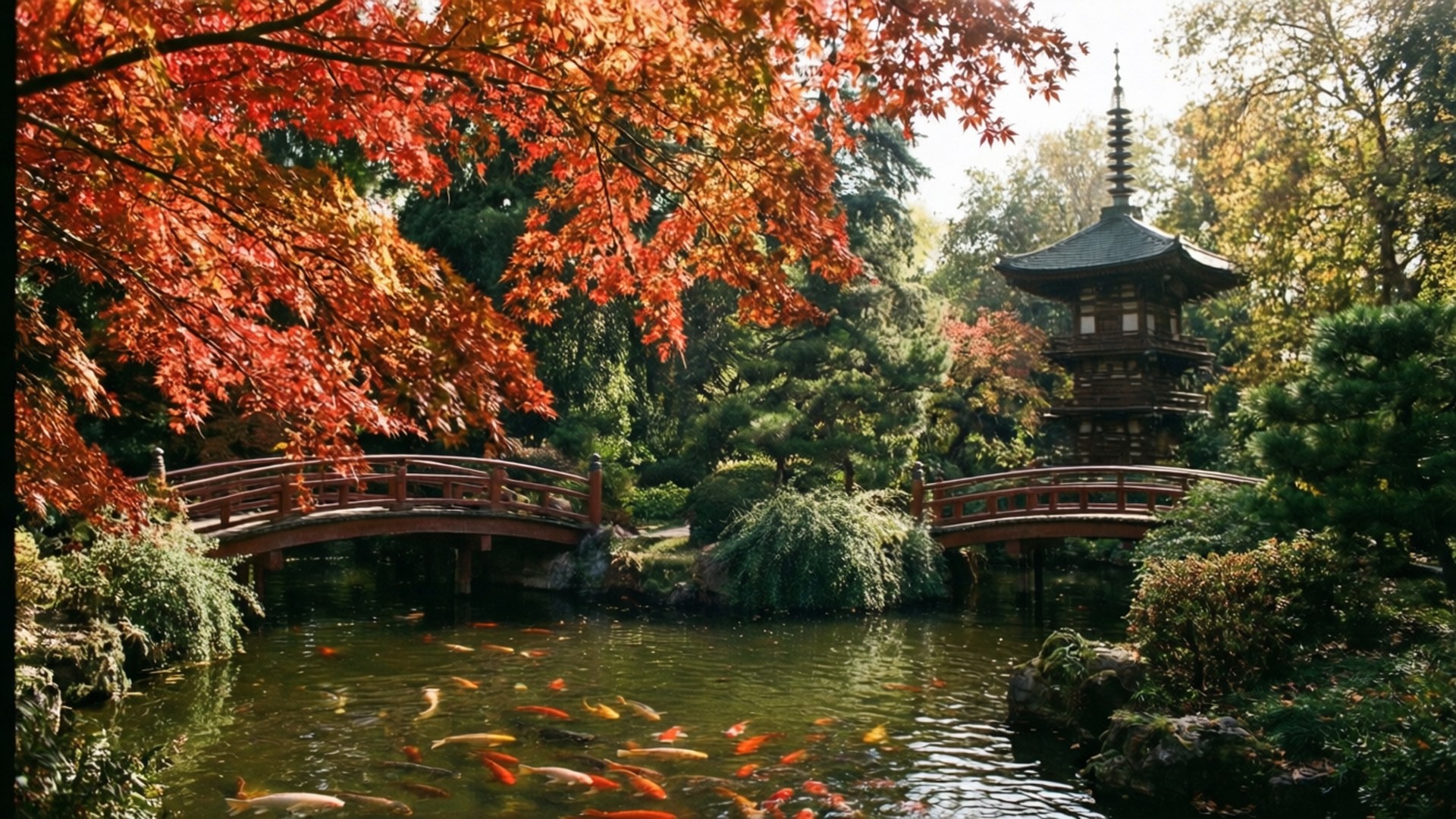 一座木橋在紅楓樹下穿過錦鯉池，靠近日本寶塔。