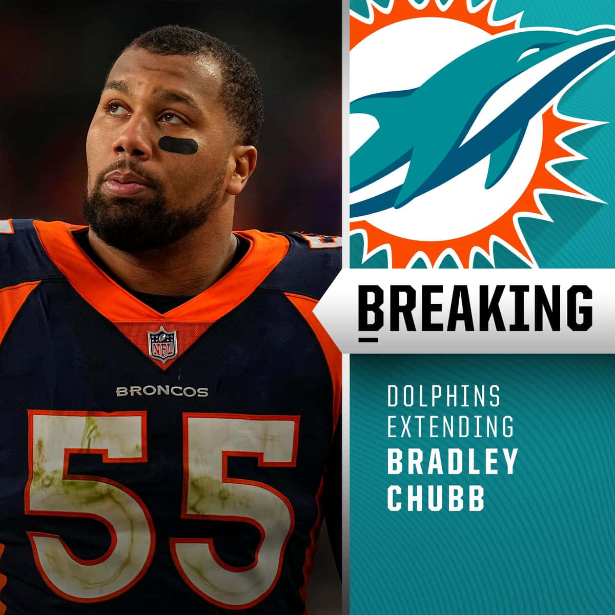 NFL球員布拉德利·查布身穿野馬隊球衣，帶有海豚隊標誌和突發新聞文字。