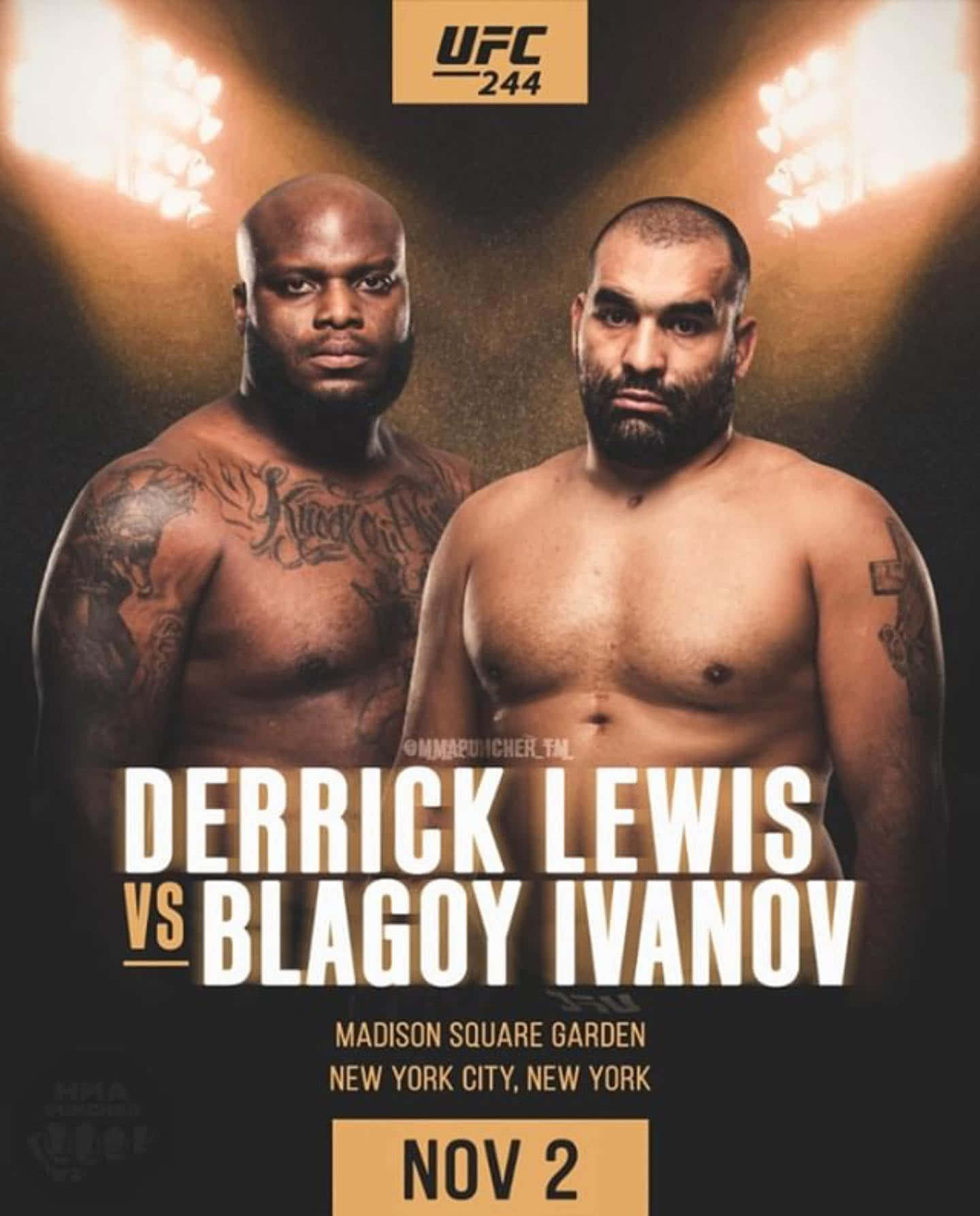 UFC 244海報， featuring Derrick Lewis 和 Blagoy Ivanov，於11月2日在麥迪遜廣場花園舉行的比賽。