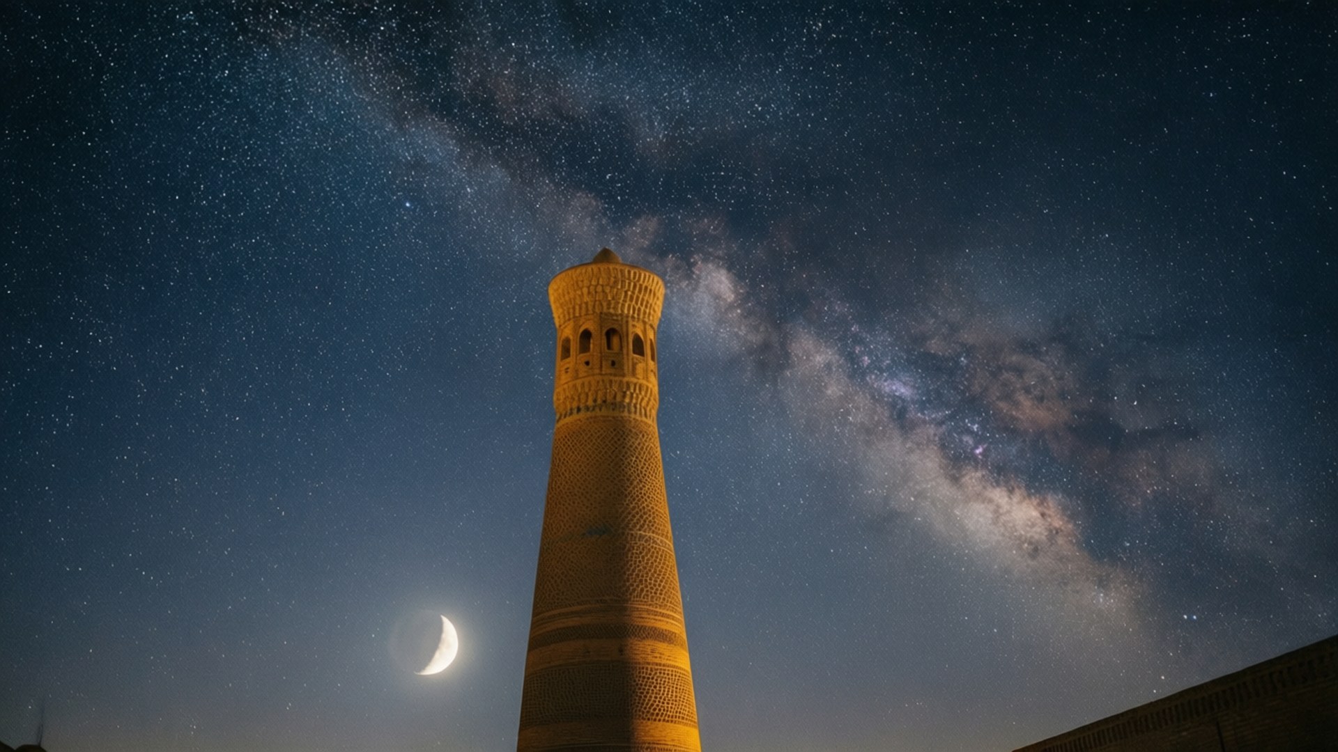 一座歷史悠久的宣禮塔在夜晚被照亮，星空下有一彎新月和銀河。