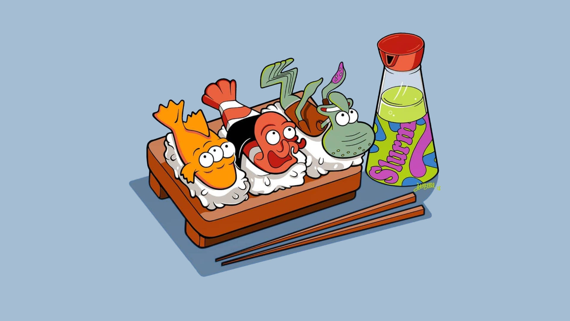 布林基與章魚哥壽司 壁紙 — 三個卡通魚角色喺壽司卷上休息，附近有筷子同醬油樽。