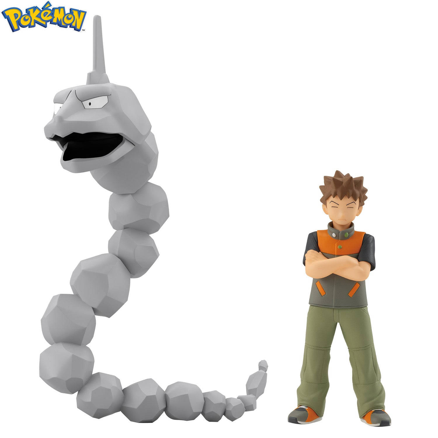 布洛克與 Onix 同框 壁紙 — 一個灰色、分節的大岩蛇寶可夢公仔，站在一個雙臂交叉、神情堅定的訓練家旁邊，背景是純白色。