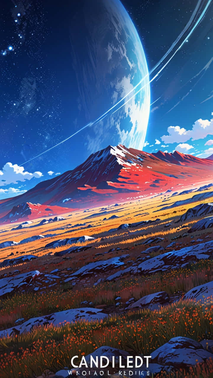 在巨大行星和流星下，日落時分積雪的山脈