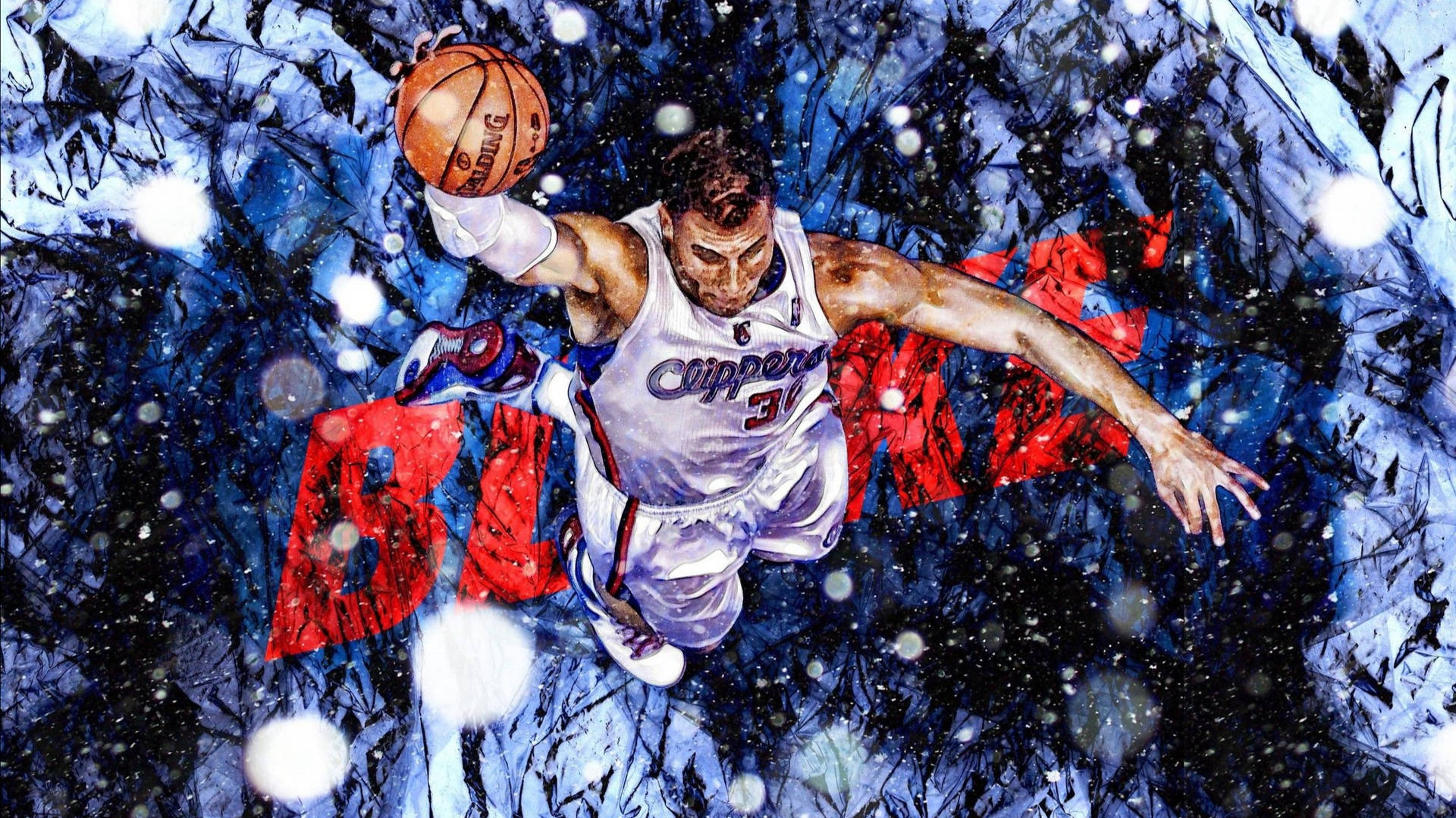 布萊克·格里芬 冬季 NBA 桌面壁紙 壁紙 — 一名身穿快艇隊球衣的籃球運動員在雪白抽象背景和粗體紅色字樣的襯托下動態跳躍。
