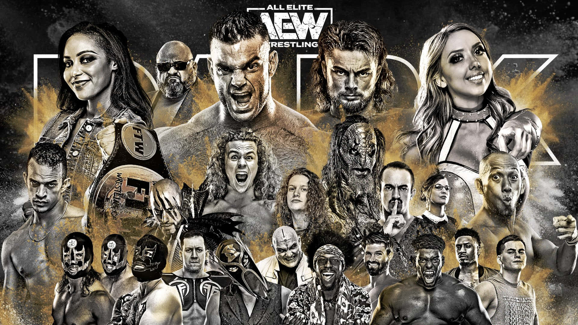 All Elite Wrestling名單，包括摔角手展示冠軍腰帶和戲劇性姿勢。