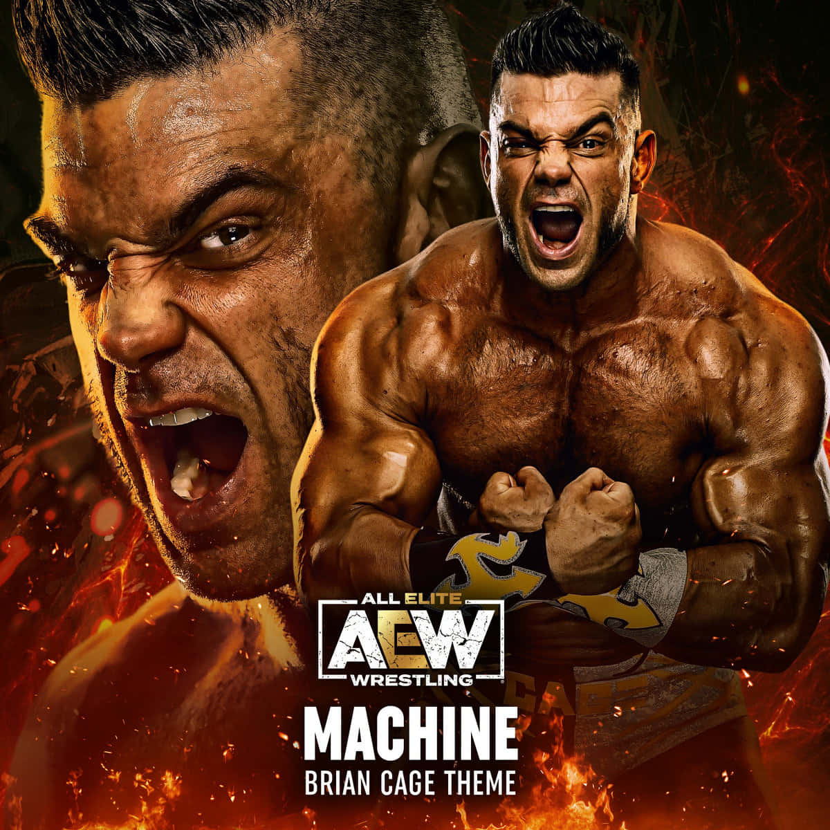 摔角手 Brian Cage 在熾熱背景下握拳怒吼。