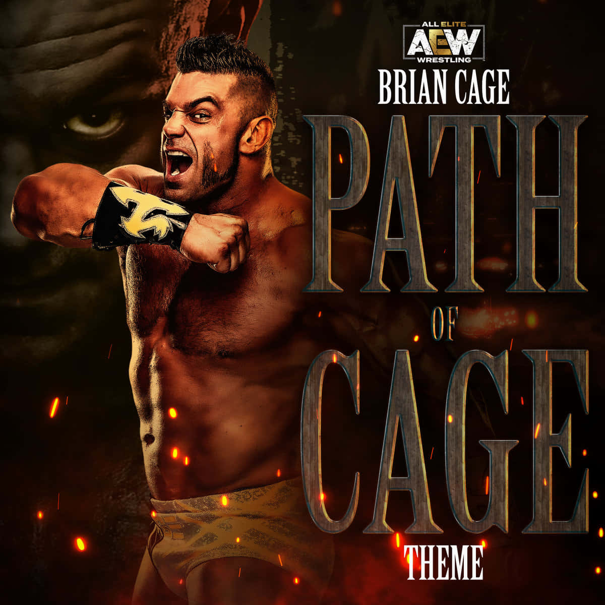 摔角手 Brian Cage 在黑暗火熱的背景中舉起拳頭咆哮。