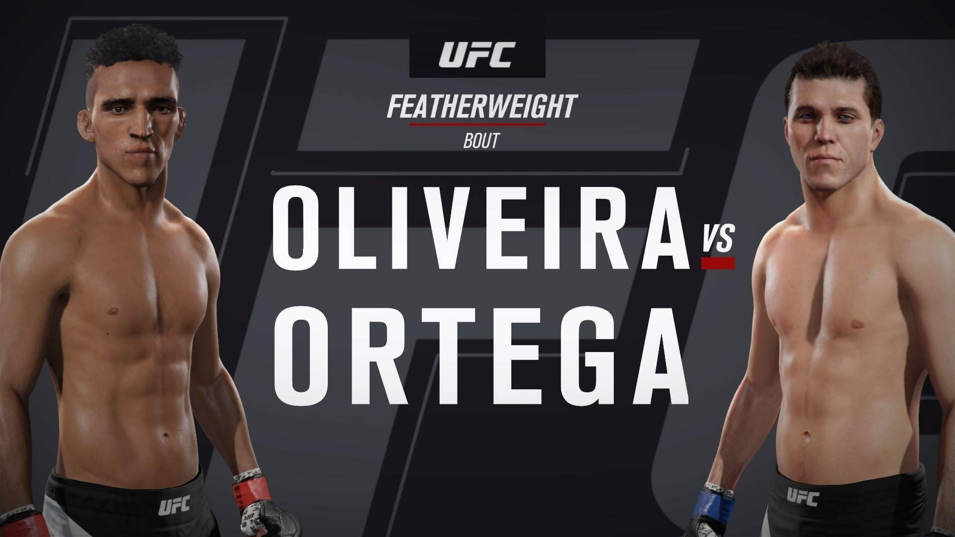 UFC羽量級比賽海報， featuring Oliveira vs Ortega。