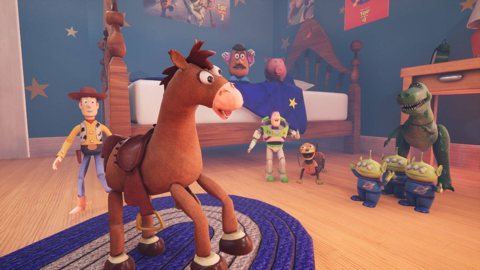 布萊斯《玩具總動員》在地墊上 壁紙 — 一個充滿活力的動畫場景， featuring Woody、Buzz Lightyear 和其他《反斗奇兵》角色在兒童臥室中。