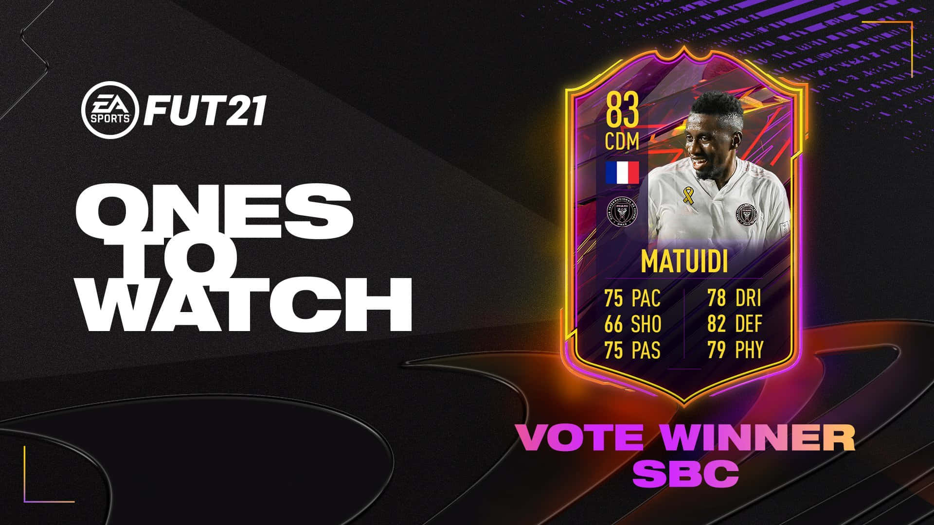 布萊斯·馬圖伊迪 FUT21 重點關注海報 壁紙 — 一張發光的FIFA 21球員卡， featuring Matuidi，附有統計數據和法國國旗，背景為深色數位風格。