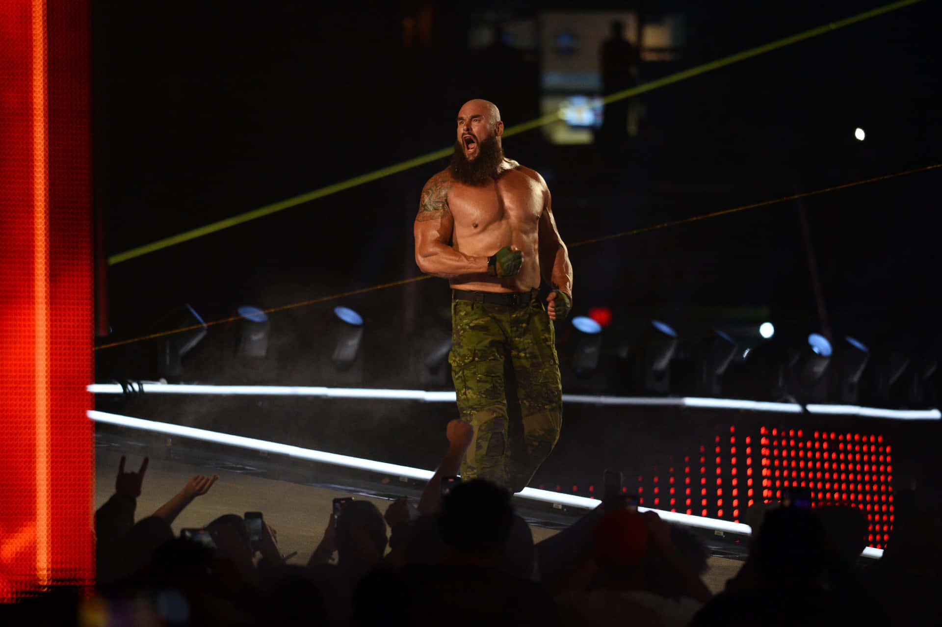 一位留鬍子的摔角手在舞台上表演，粉絲們歡呼。