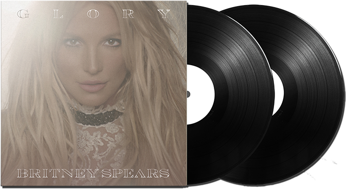 布蘭妮·斯皮爾斯《Glory》專輯封面 壁紙 — Britney Spears 專輯封面，她的肖像旁有兩張黑色黑膠唱片，呈現柔和復古色調。