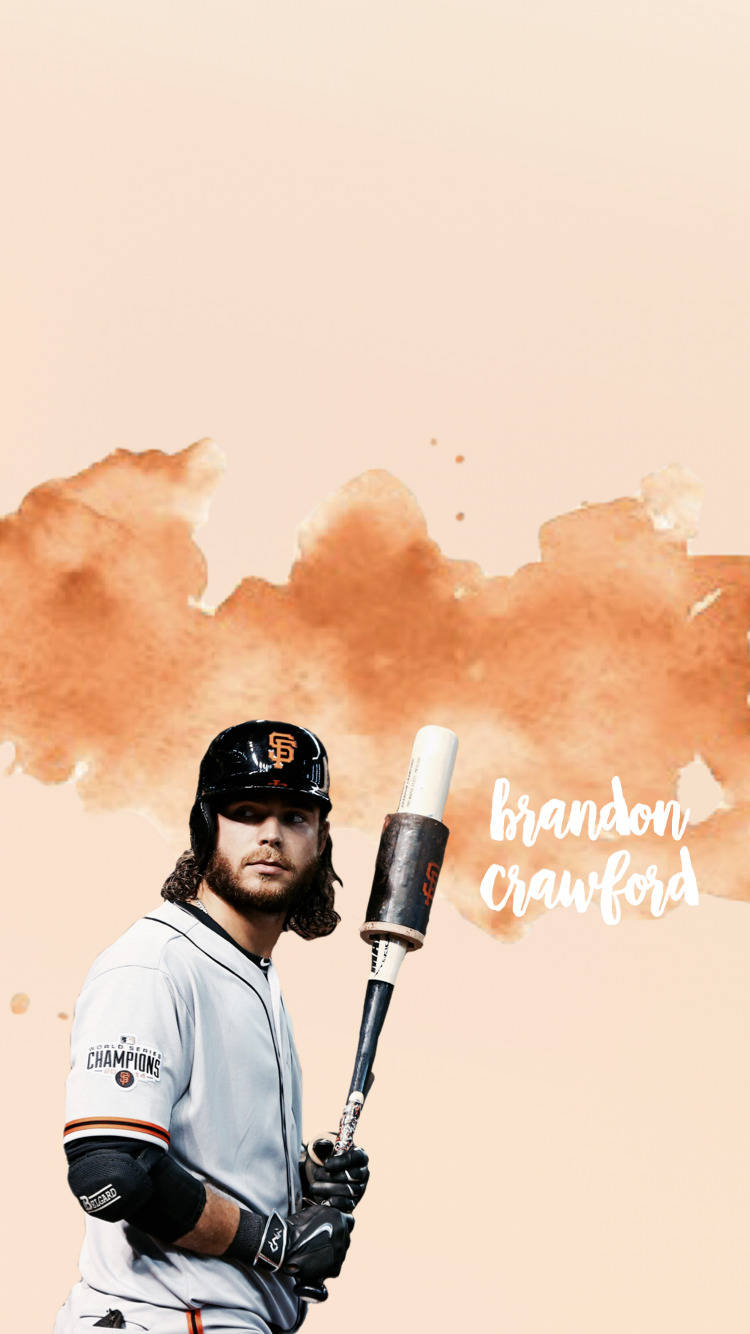 身穿制服的棒球選手Brandon Crawford手持球棒，背景為水彩。