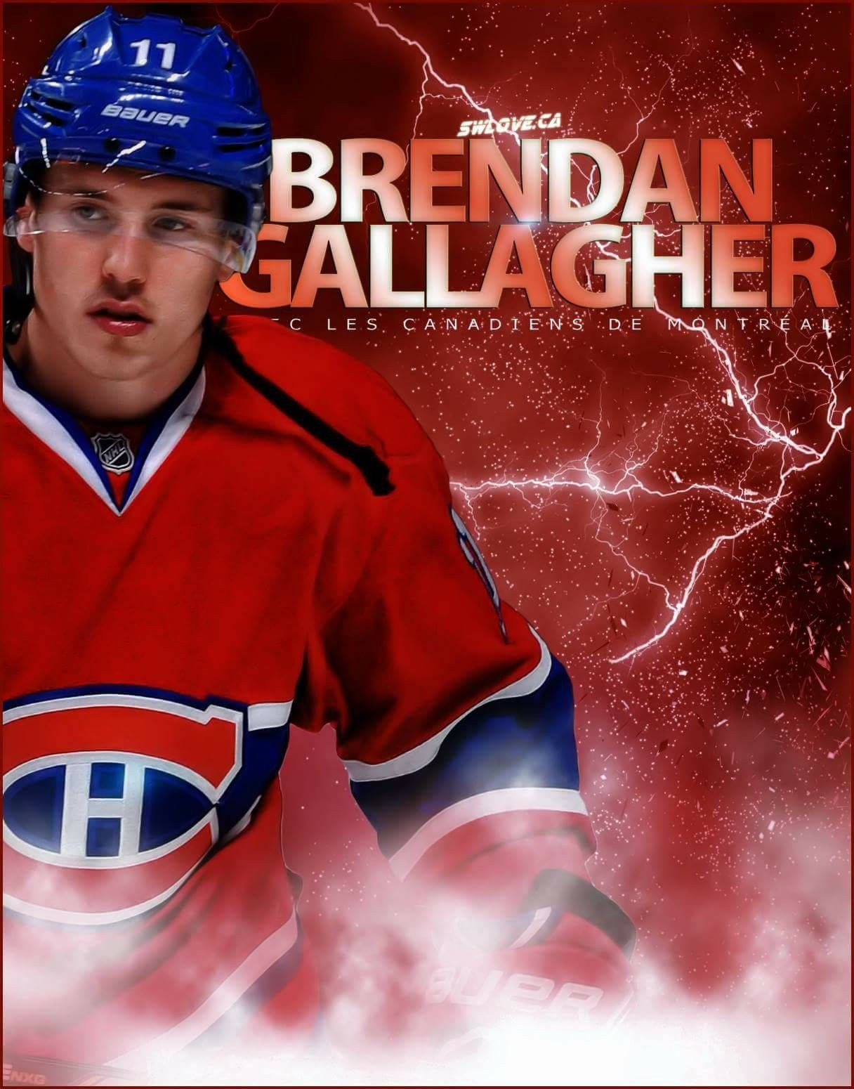 布蘭登·加拉赫煙火雷電圖像 壁紙 — 冰球運動員 Brendan Gallagher 身穿紅色蒙特利爾加拿大人隊球衣，背後有閃電和煙霧效果。