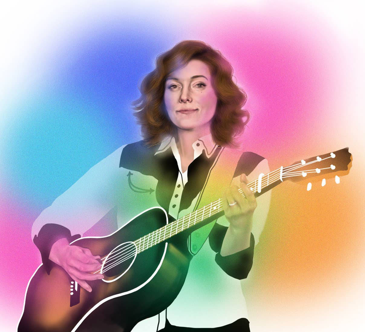 布蘭迪·卡莉粉彩藝術畫作 壁紙 — 一位捲髮女性在充滿活力的彩虹漸變背景前彈奏原聲結他。
