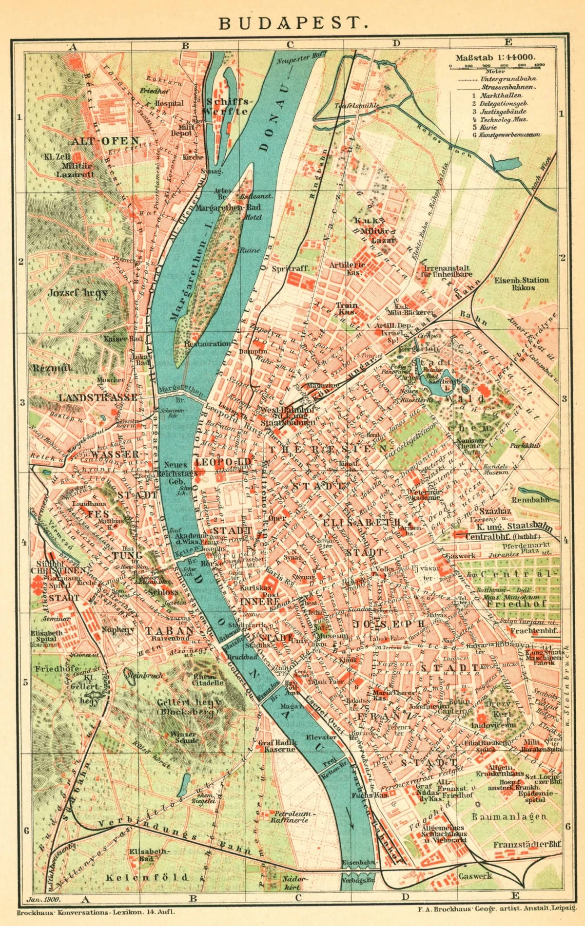 1890年代布達佩斯復古地圖，顯示街道及多瑙河。