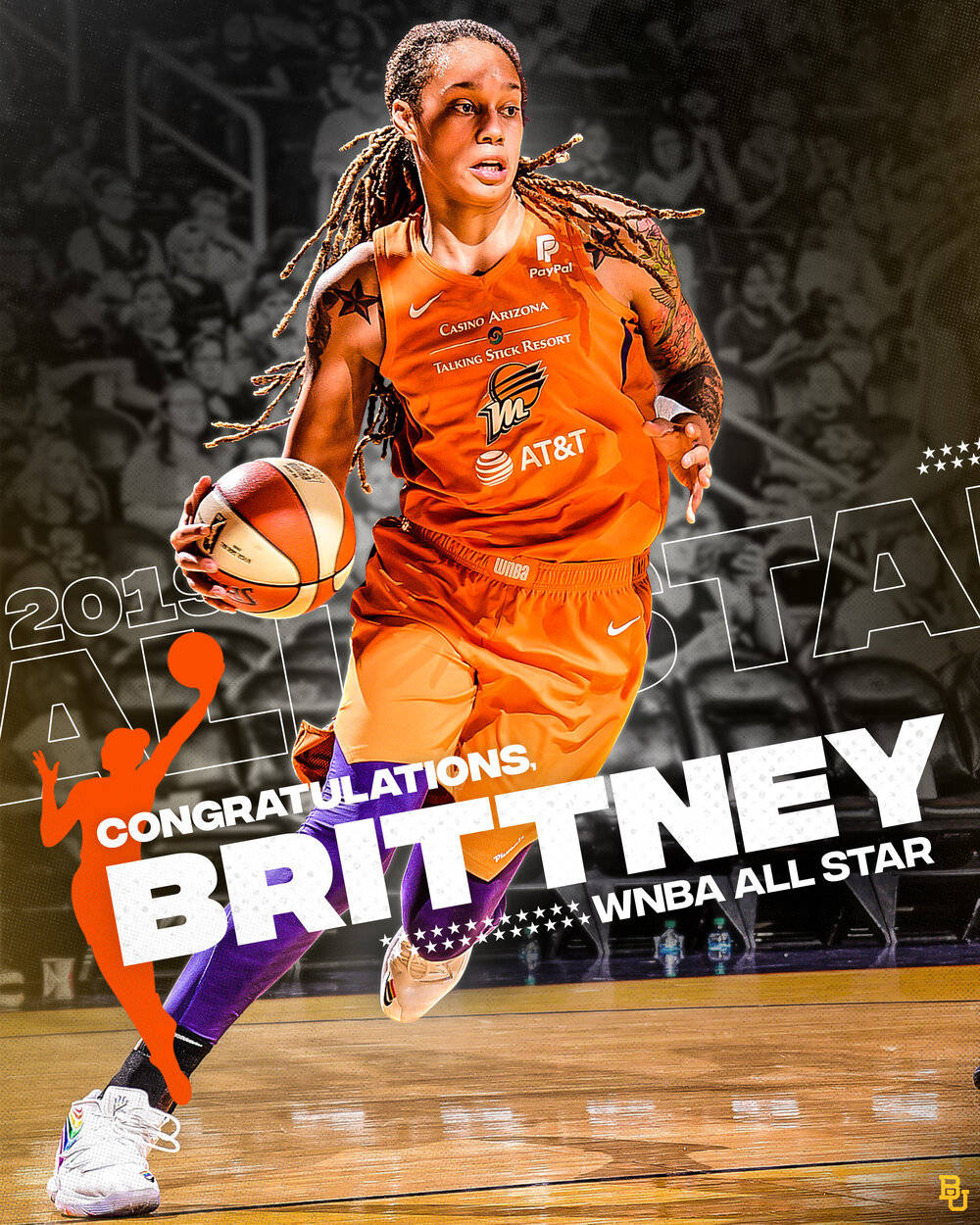 WNBA全明星 Brittney Griner 在球場上運球，帶有祝賀文字。