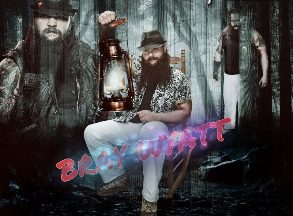 Bray Wyatt 坐在搖椅上，在黑暗的森林中提著燈籠，身後有幽靈般的身影。