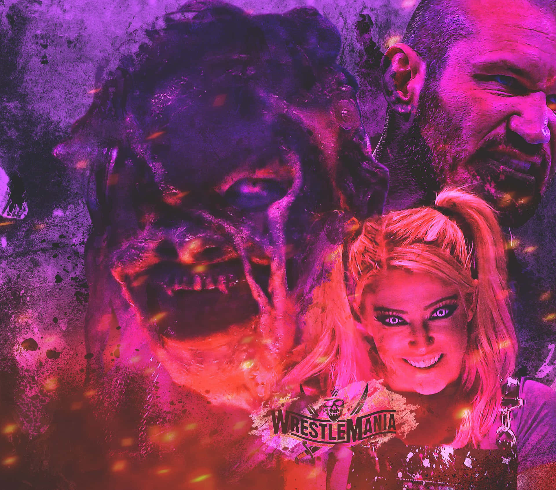 WWE WrestleMania摔角手在霓虹粉紅和紫色中帶有粗糙紋理。
