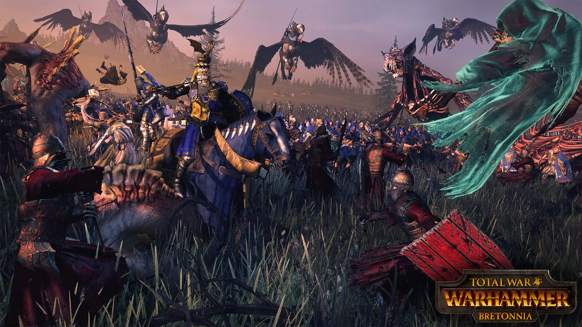 布雷東尼亞 1920x1080 Total War Warhammer 背景 壁紙 — 一場混亂的中世紀戰鬥在草地上激烈進行，騎馬的騎士與飛行怪物和身穿盔甲的戰士在昏暗的天空下交戰。