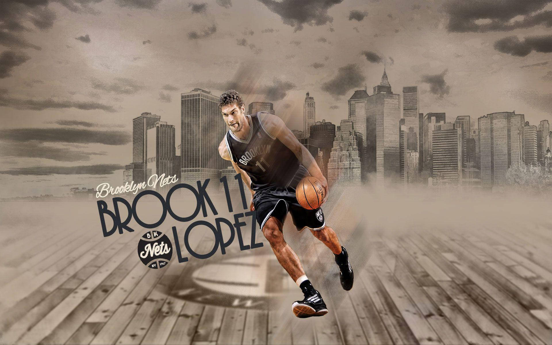 布魯克·洛佩茲數位封面 壁紙 — Brook Lopez 在木地板上空中運球，背後是棕褐色調的布魯克林天際線。
