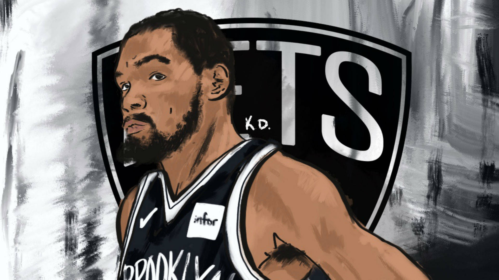 布魯克林籃網隊凱文·杜蘭特圖像素描 壁紙 — 布魯克林籃網隊球衣的籃球運動員凱文·杜蘭特的風格化插圖，身後有球隊標誌。