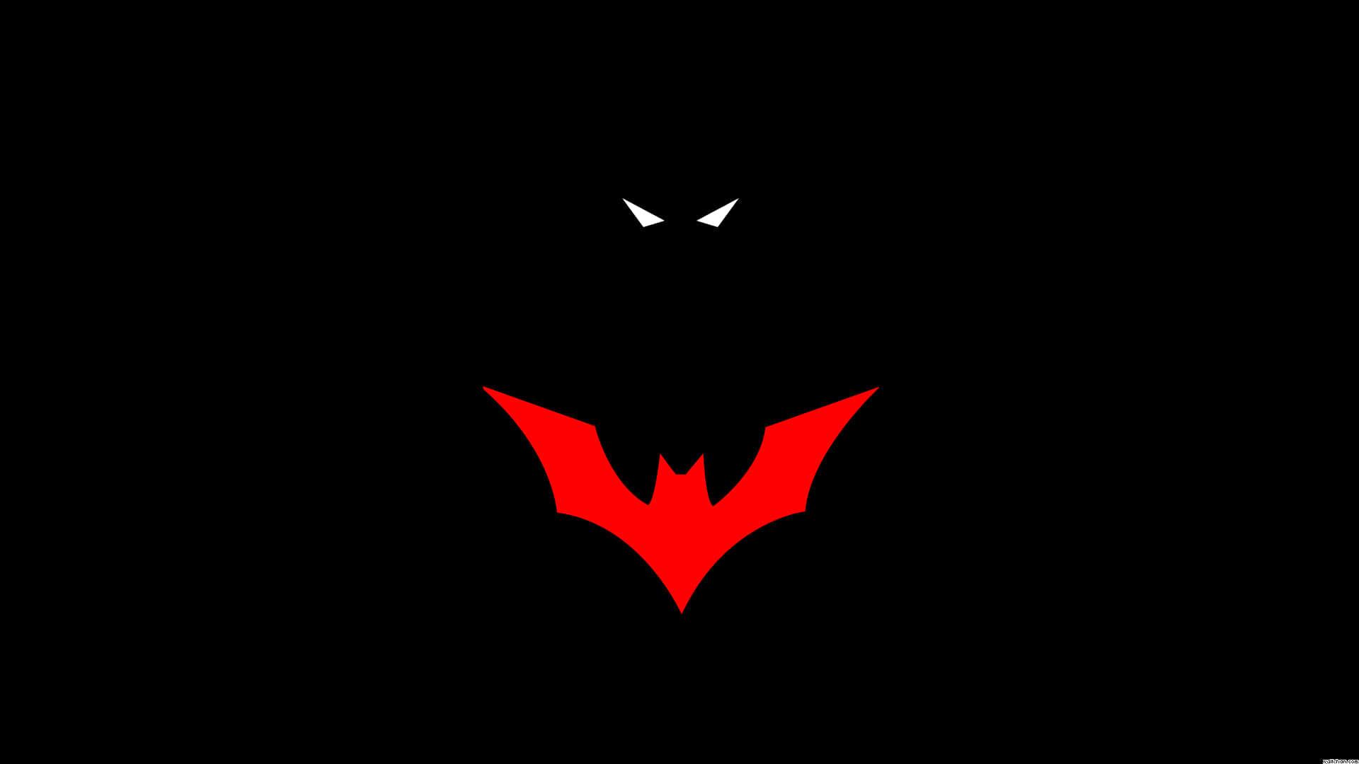黑色背景上帶有發光眼睛的紅色蝙蝠標誌