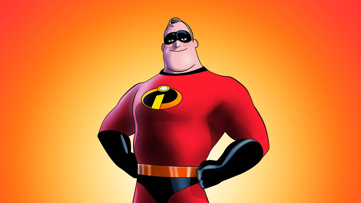 布魯斯線條藝術圖像 壁紙 — Mr Incredible 自信地穿著紅色超級英雄套裝，站在充滿活力的橙色漸變背景前。