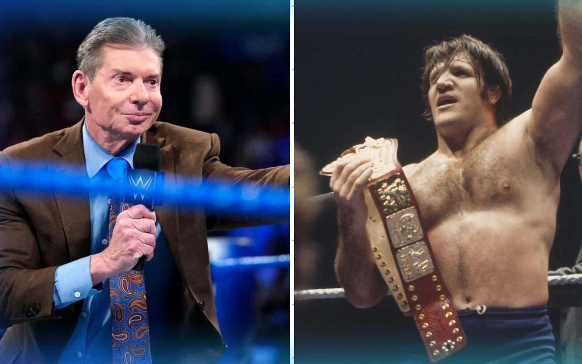 布魯諾·薩馬蒂諾與文斯·麥馬洪小將 壁紙 — WWE 旁述員 Vince McMahon 身穿西裝手持咪高峰，與摔角手 Bret Hart 赤裸上身手持冠軍腰帶在擂台上的分屏畫面。