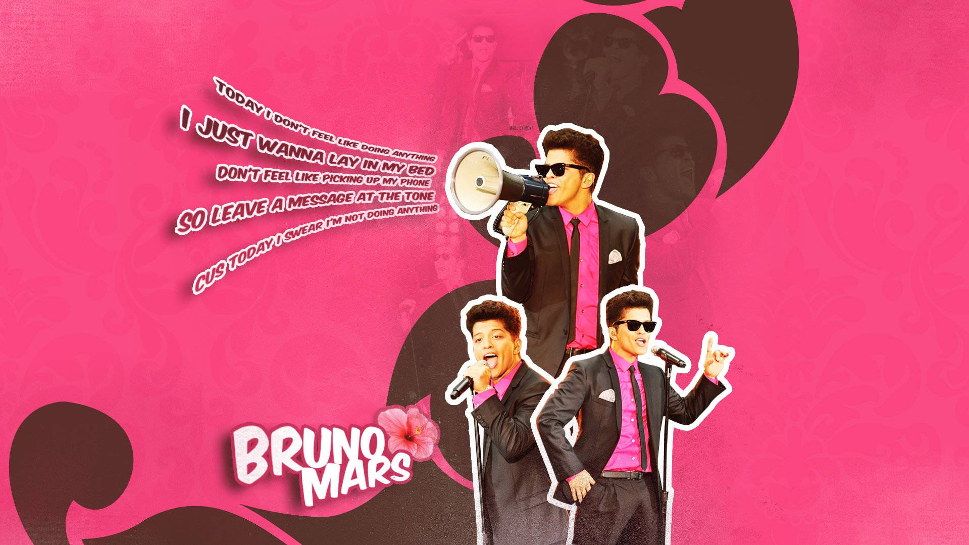 Bruno Mars 在粉紅色背景上使用擴音器和麥克風表演，並帶有歌詞。