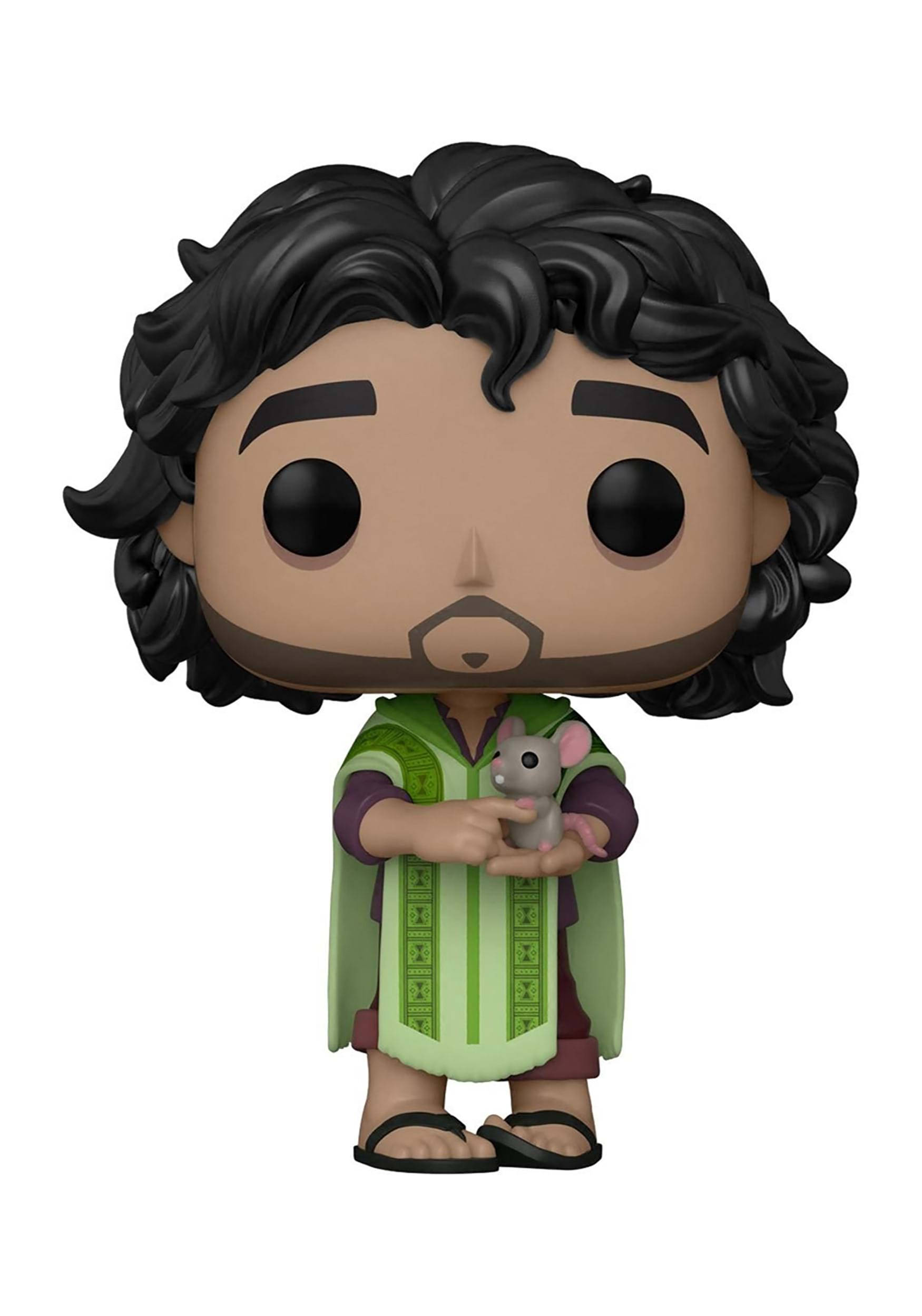 布魯諾·馬迪加爾 Funko Pop 壁紙 — 一個Funko Pop公仔，一個黑色捲髮和鬍鬚的男人，在白色背景前抱著一個小老鼠毛絨玩具。