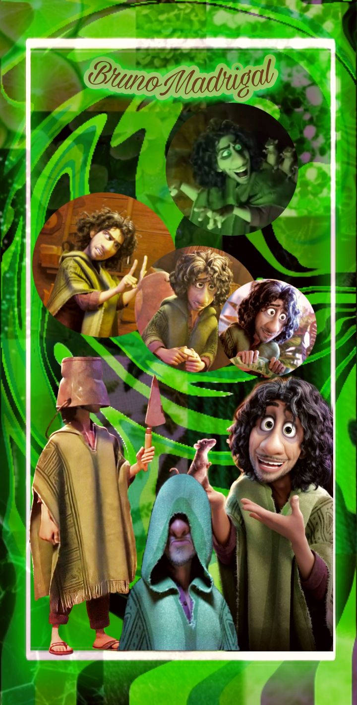 布魯諾·馬迪加爾在圓圈中 壁紙 — 一幅充滿活力的拼貼畫，描繪動畫角色布魯諾·馬德里加爾在旋轉的綠色背景前擺出各種富有表現力的姿勢。