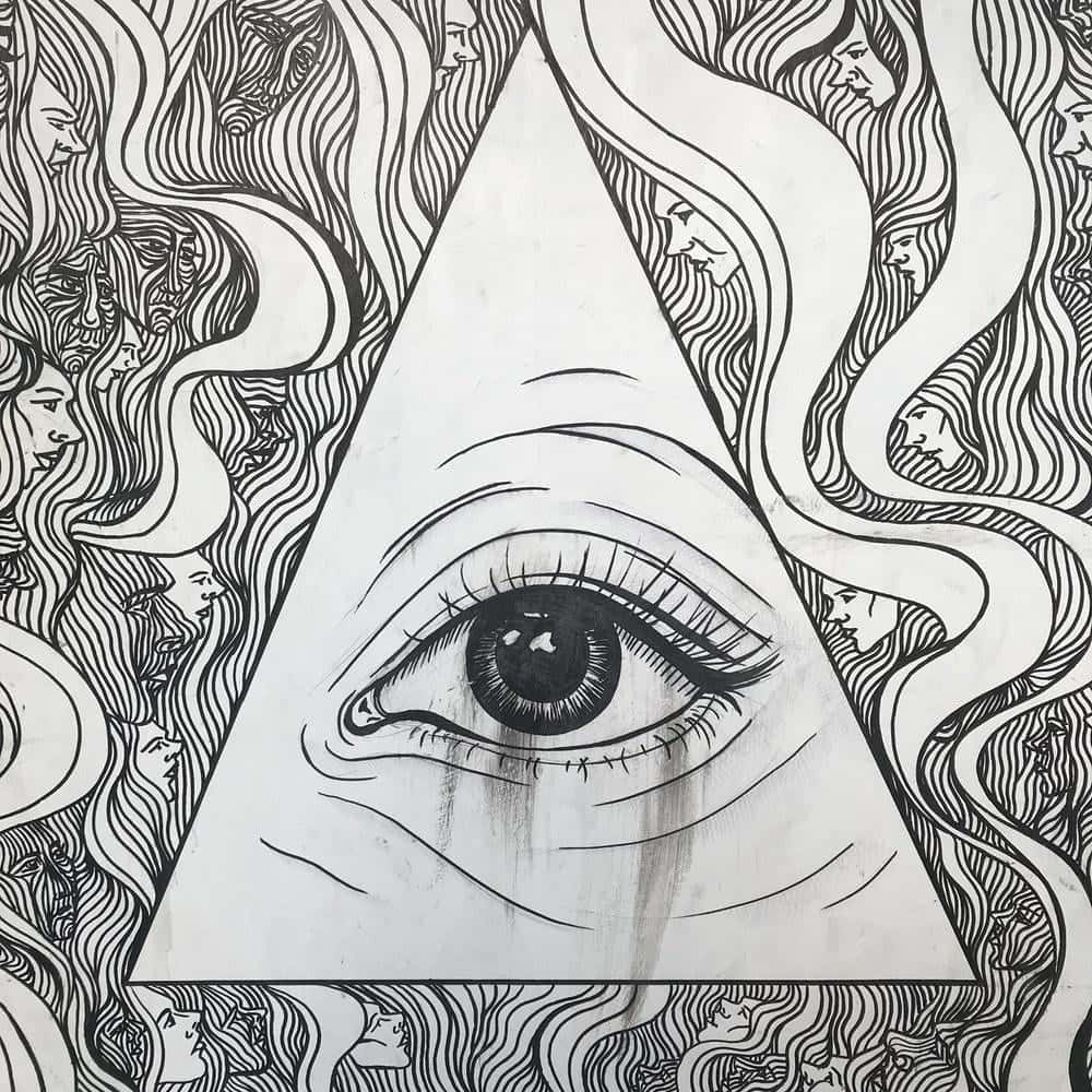 帆船出海的海景鉛筆畫 壁紙 — 一個詳細的黑白插圖，描繪了三角形內的眼睛，周圍環繞著流動的頭髮和面孔。