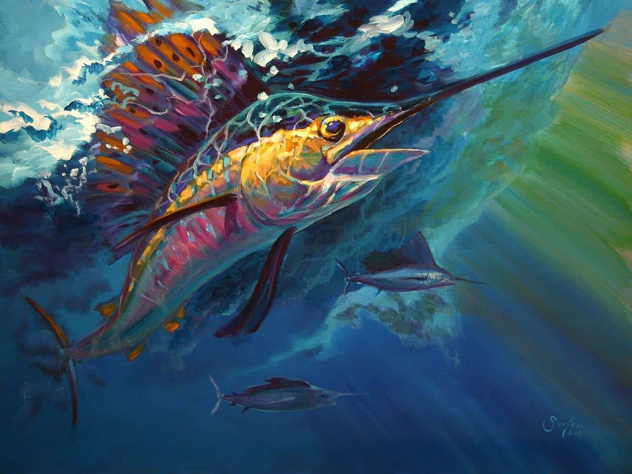 帆鰭魚穿行於海洋 壁紙 — 一幅充滿活力的油畫，描繪一條旗魚躍過碧綠色的海浪，下方有兩條小魚跟隨。