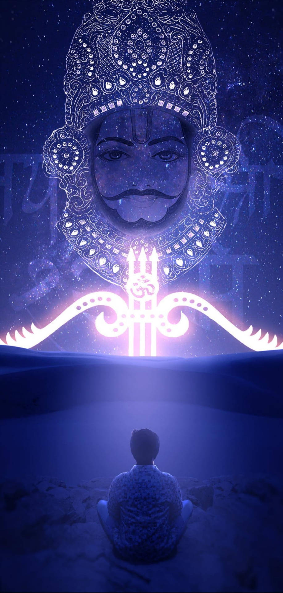 在繁星之夜，一個人在發光的神聖面孔下冥想。