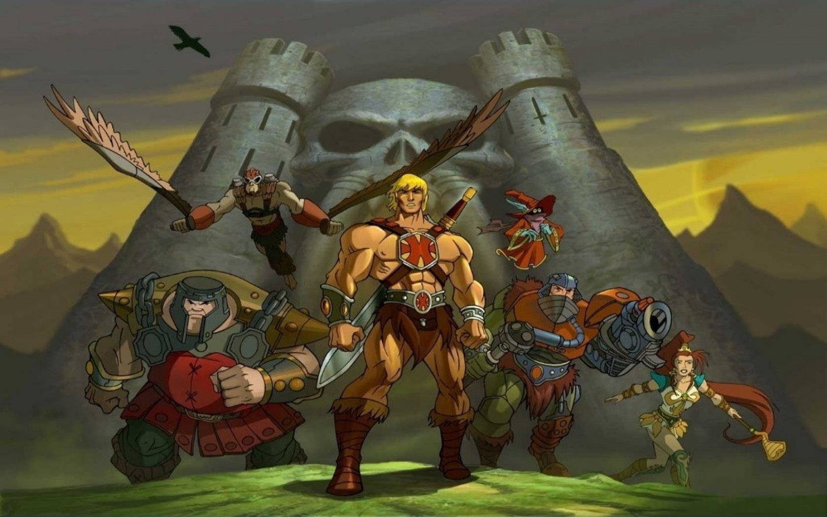 He-Man 和他的英雄團隊在日落時分站在一個骷髏城堡前。