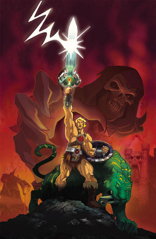 He-Man 手持發光的劍勝利地站著，Skeletor 從後面觀看。