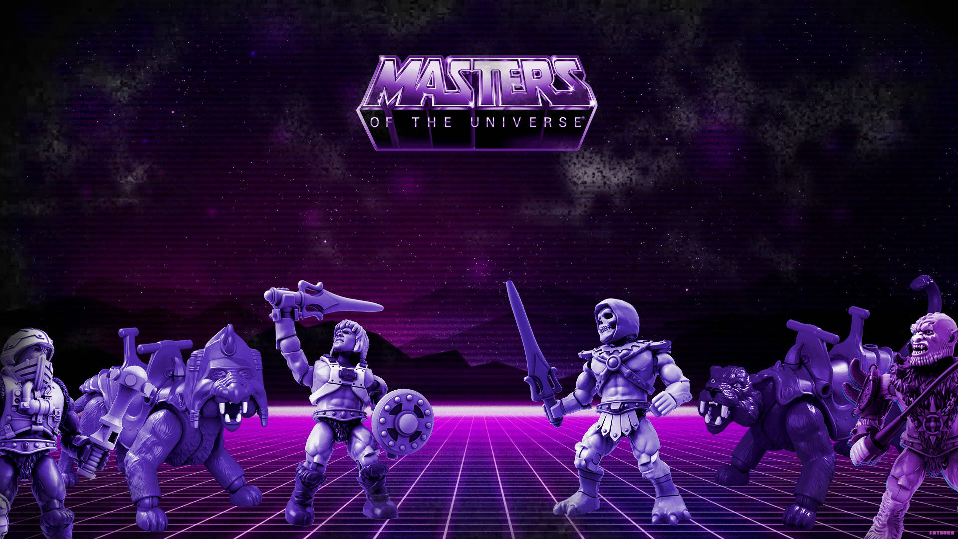 Masters of the Universe動作人偶在紫色星空下，於發光網格上擺出姿勢。