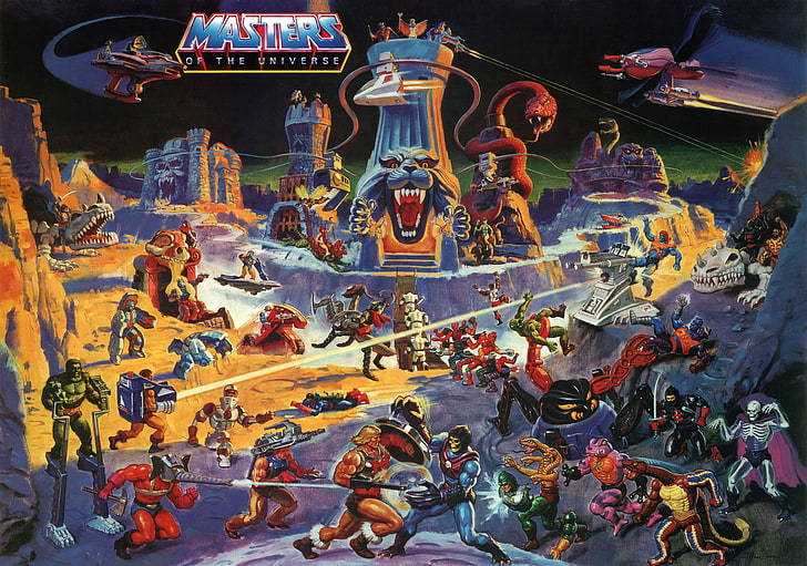 Masters of the Universe角色在一個有城堡和飛行車輛的岩石外星景觀中戰鬥。