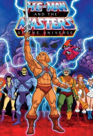 He-Man 和他的宇宙巨人團隊以閃電效果擺出動態動作姿勢。 — 卡通 iPhone 壁紙 壁紙
