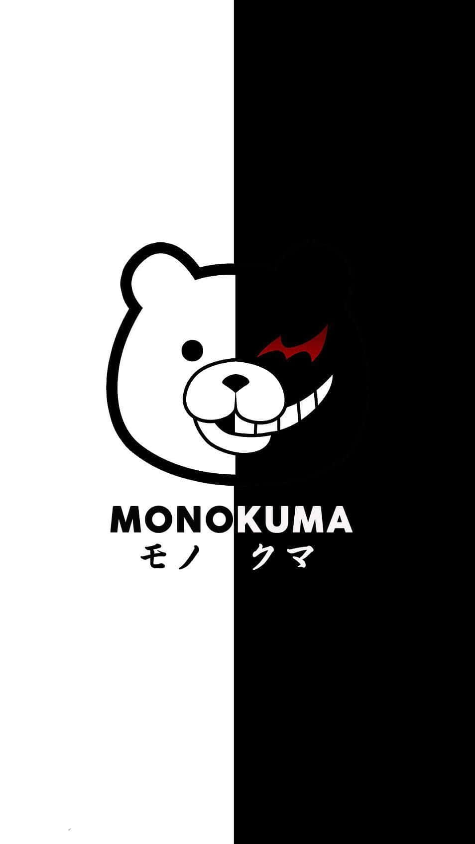 黑白分開的 Monokuma 熊標誌，帶有紅色蝙蝠翅膀狀的眼睛。