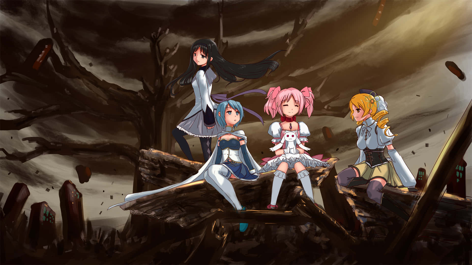 希望的魔法少女——鹿目圓 壁紙 — 四個穿著奇幻服裝的動漫女孩棲息在破碎的廢墟上，天空風暴來襲，周圍有光禿禿的樹木。