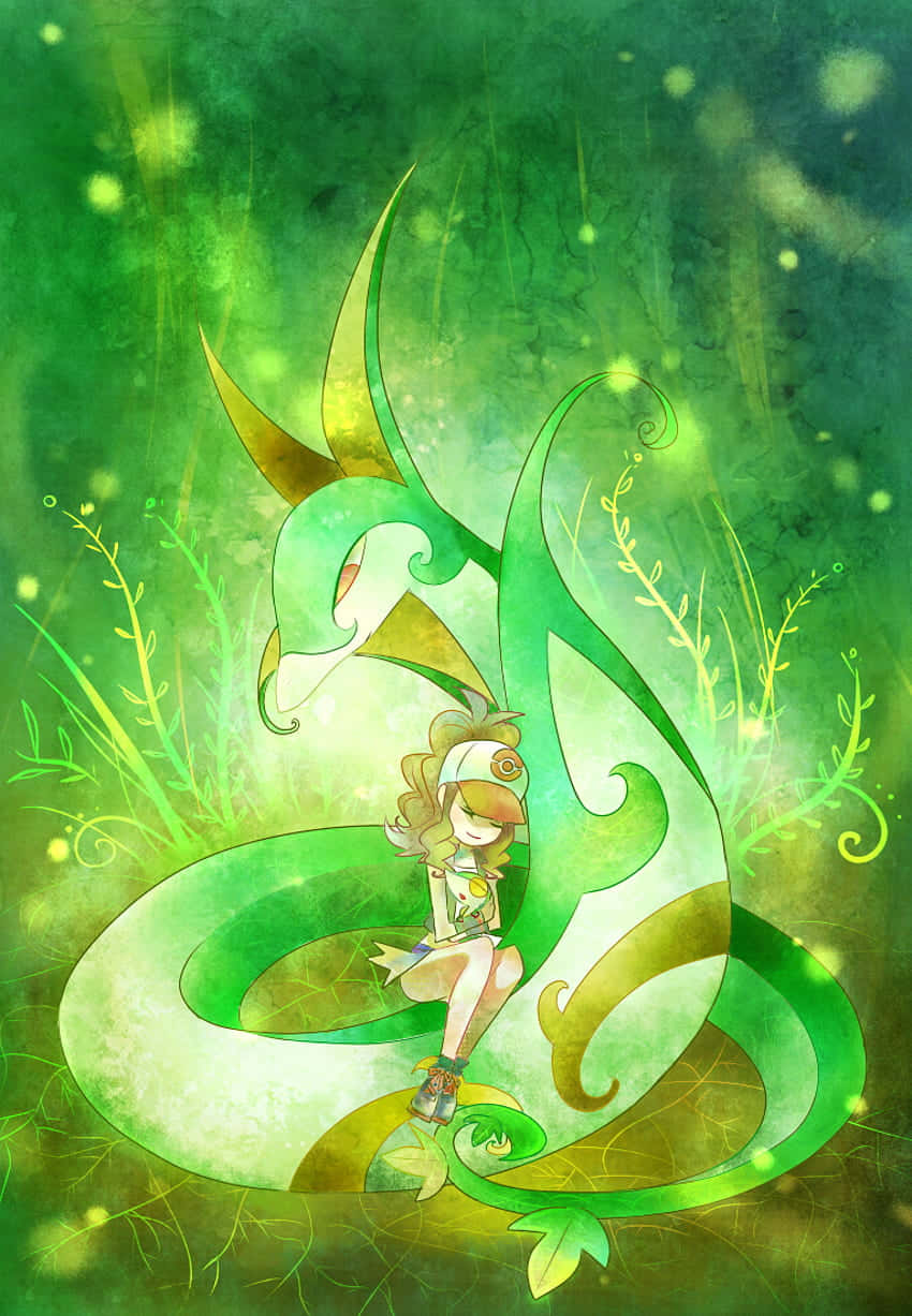 動畫女孩騎著發光的綠色龍形植物在魔法森林中。