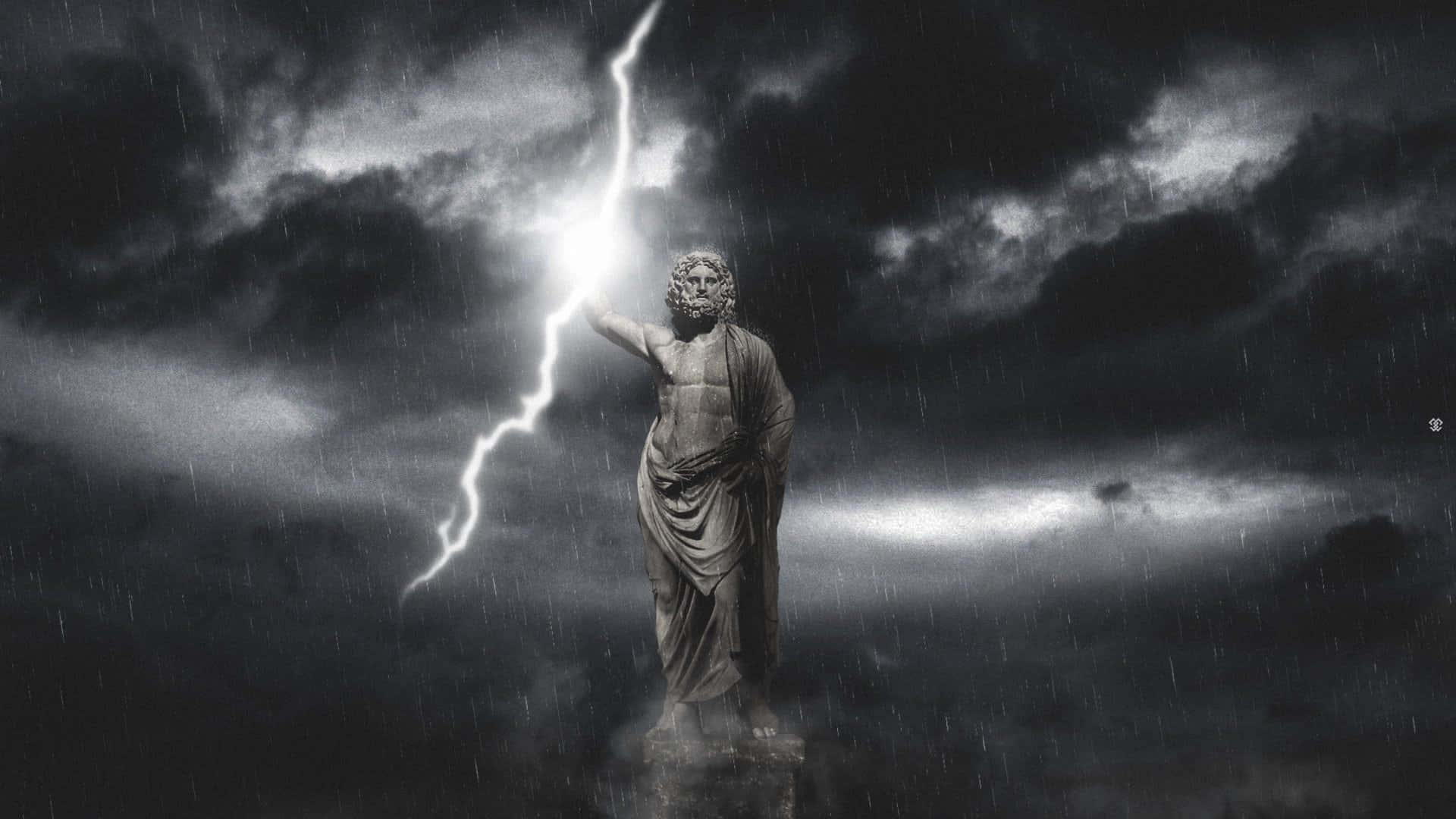 宙斯雕像在暴風雨的天空中手持閃電
