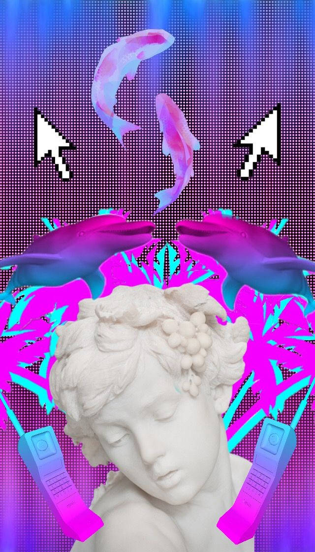 霓虹海豚和像素電話在數碼網格上圍繞著一個大理石半身像漂浮。