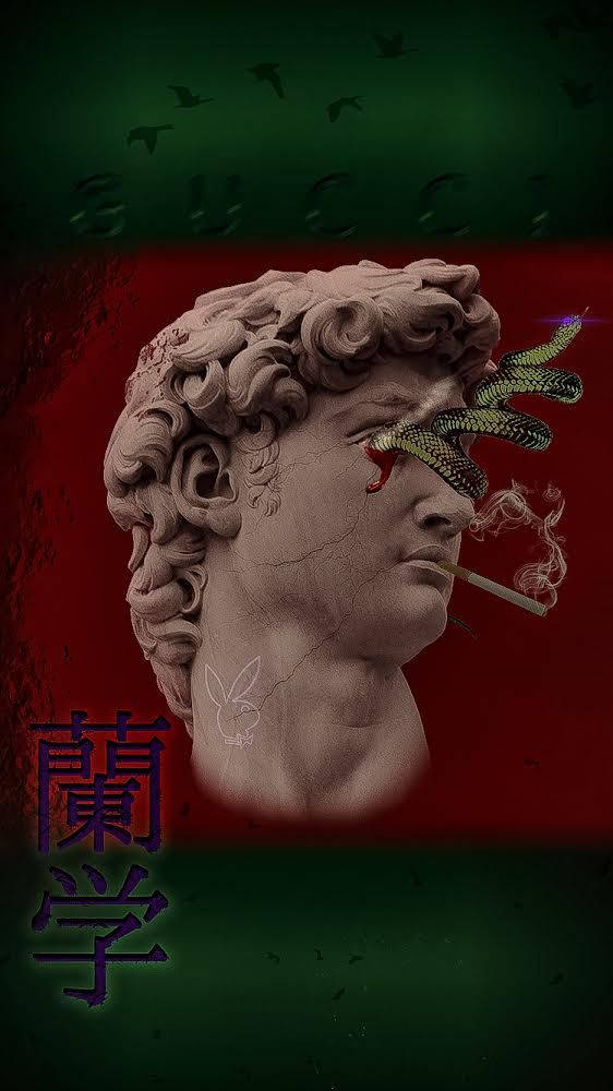 超現實的大衛雕像，帶有蛇眼和香煙。